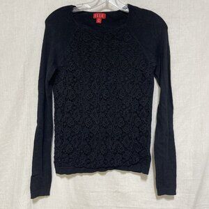 Elle Womens XS Sweater Black Crochet Lace Long Sleeves Pullover Round Neck